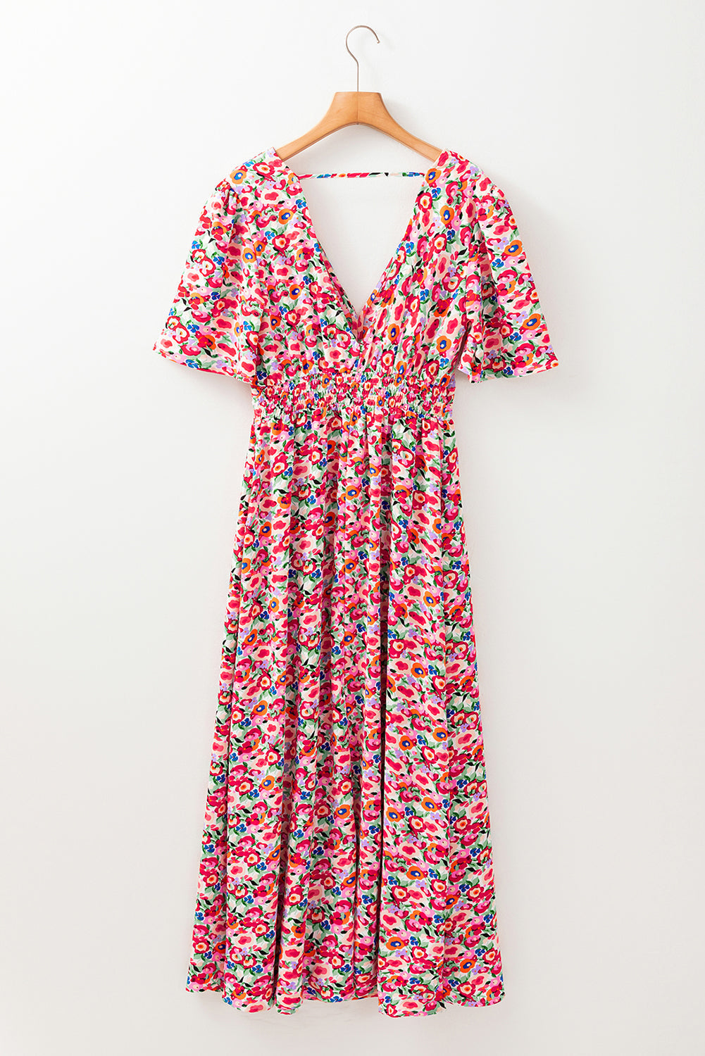 Red Floral Deep V Neck Cutout Back Split Maxi Dress