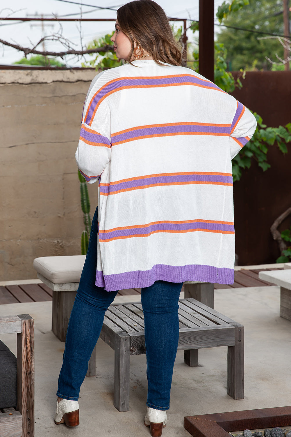 Women's Plus Size Striped Sweater Cardigan