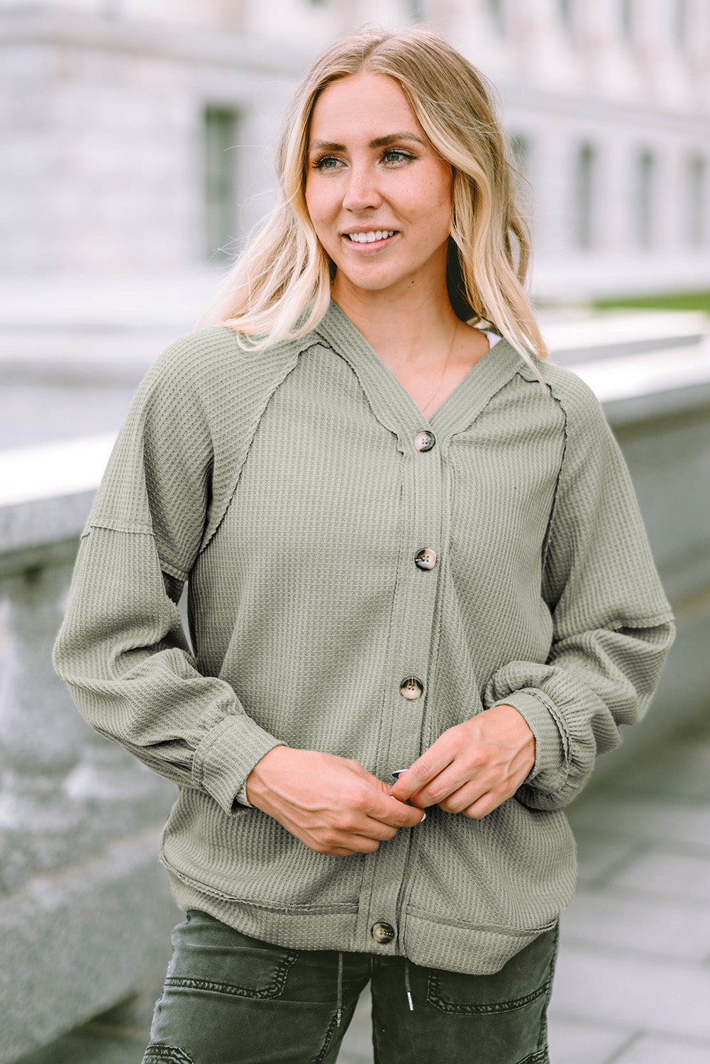 Women's Knit Cardigan with Exposed Seam Waffle