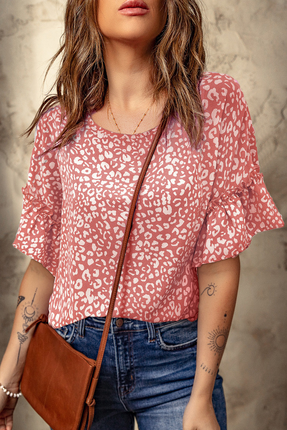 Women's T-shirt Featuring Leopard-Print Ruffle-Trimmed Sleeve