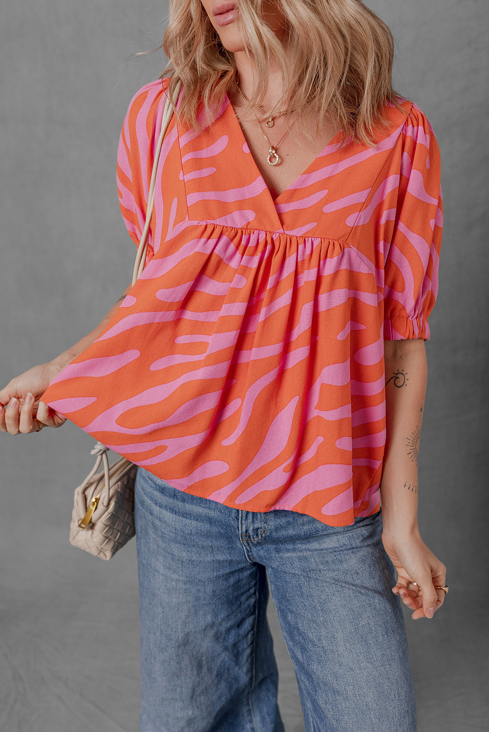Zebra Ruched Stripe Print Cuff Half Sleeve V-Neck Blouse