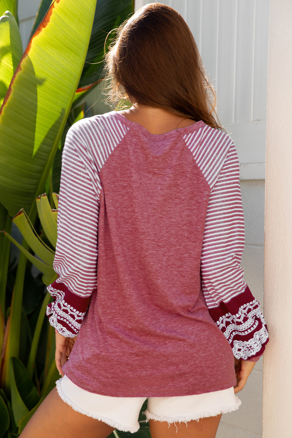 Contrast Print Striped Raglan Long-Sleeved Loose Top in Burgundy