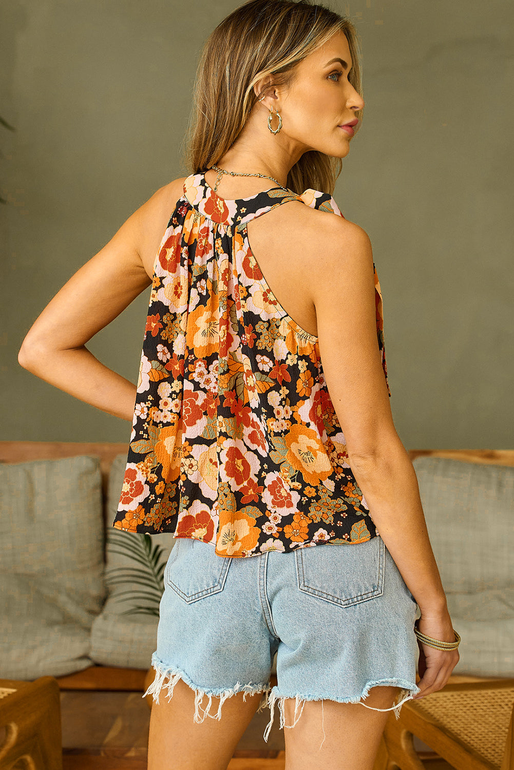 Women's Floral-Print Knotted Halter Sleeveless Top