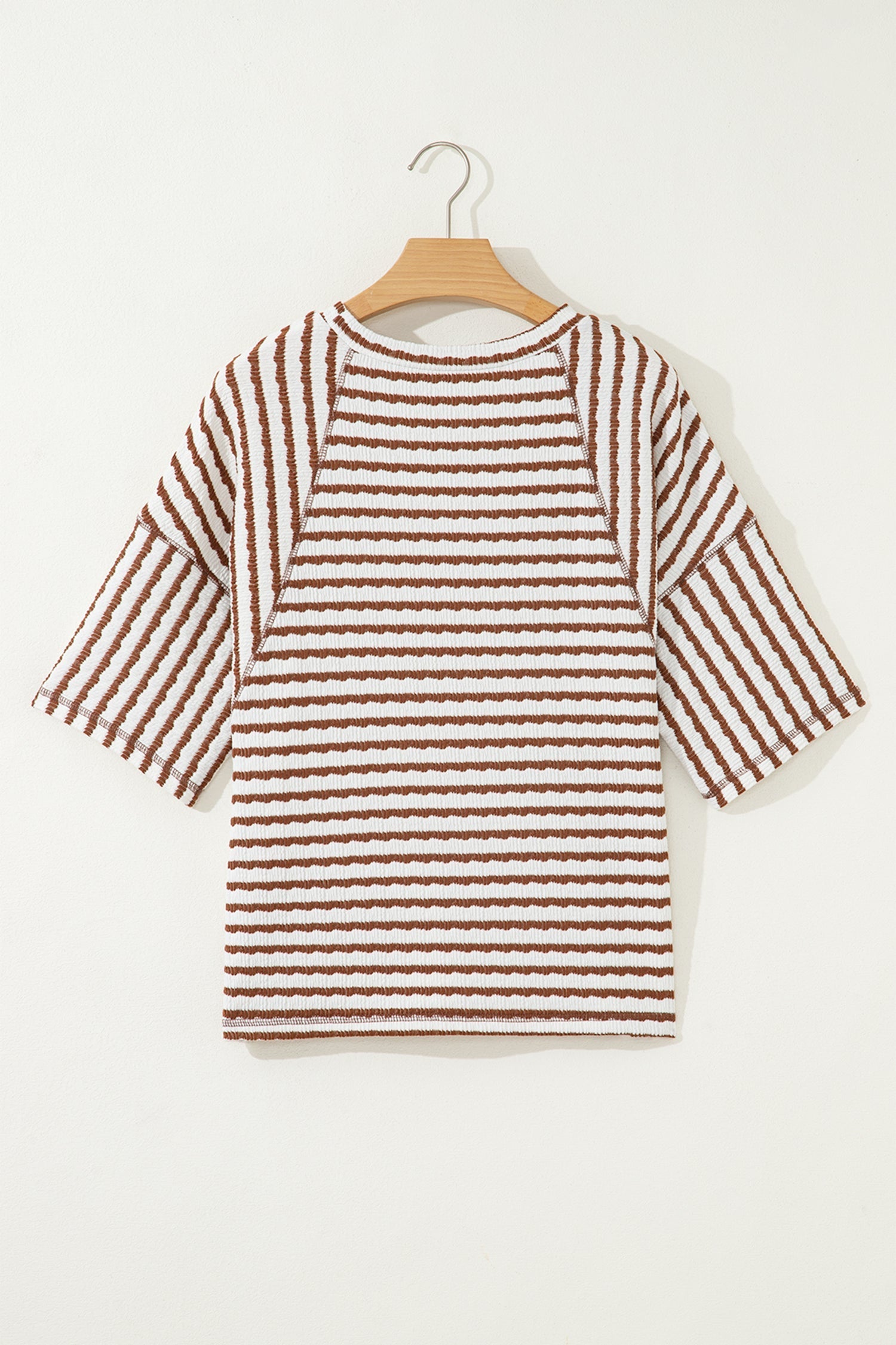 Stripe Textured Knit Split Hem Half Sleeve Loose Top in Brown