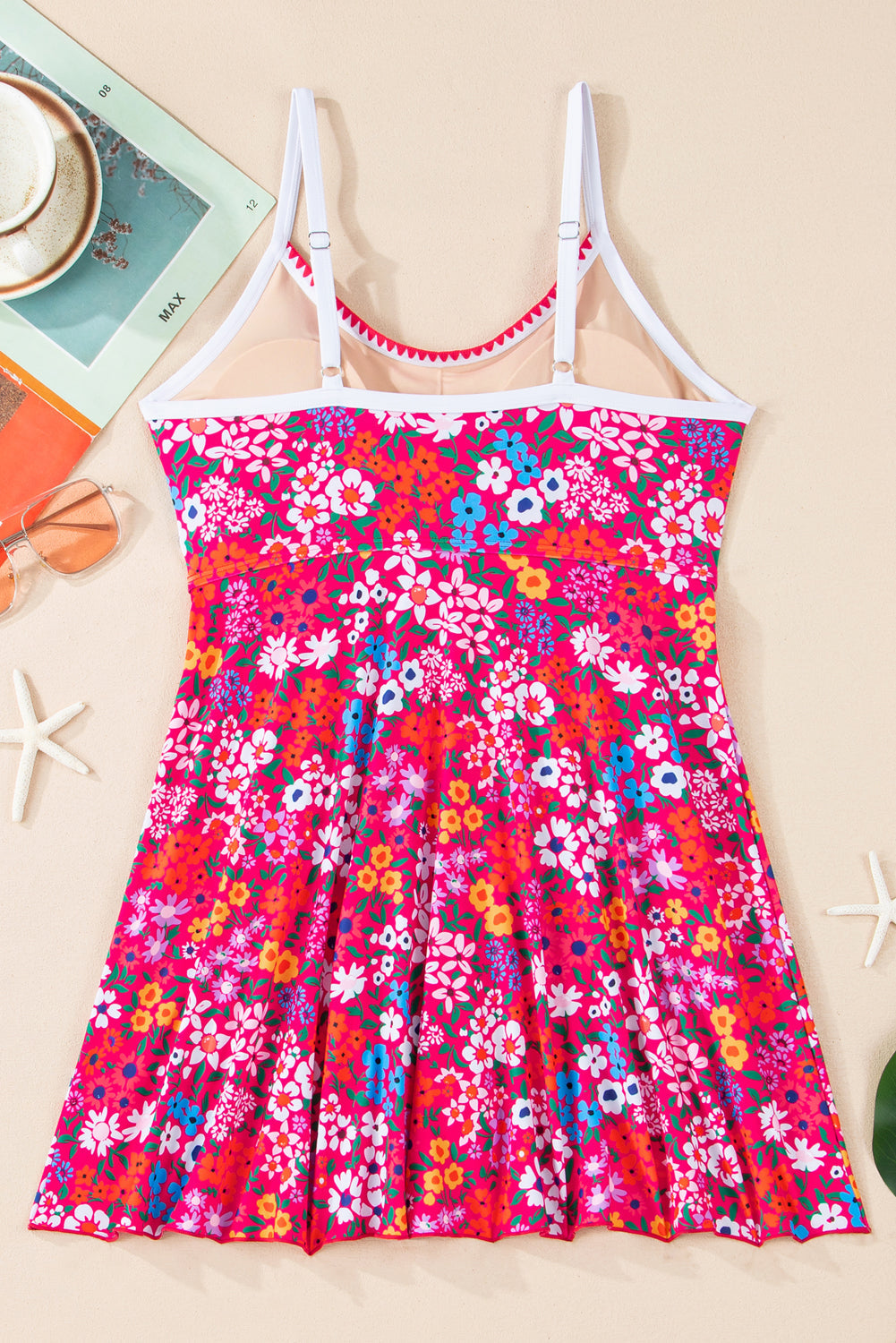 Floral-Print Ricrac Rose Ricrac Trim Spaghetti Strap One Piece Swim Dress