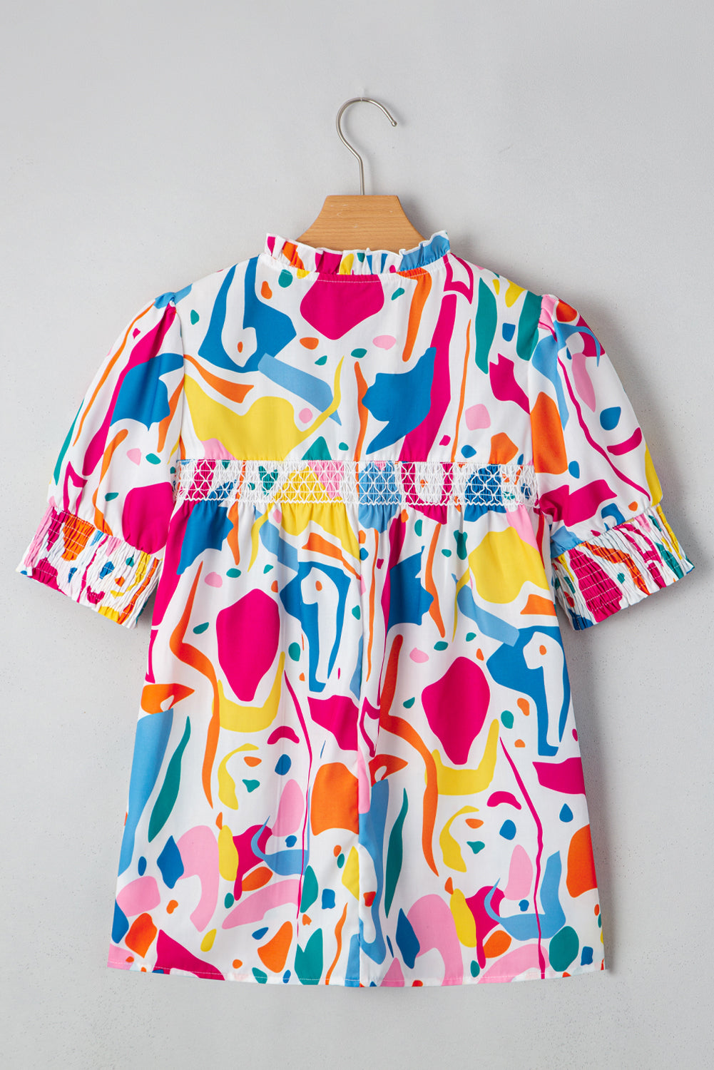 Abstract Print Lace Short Sleeve Split Neck Blouse