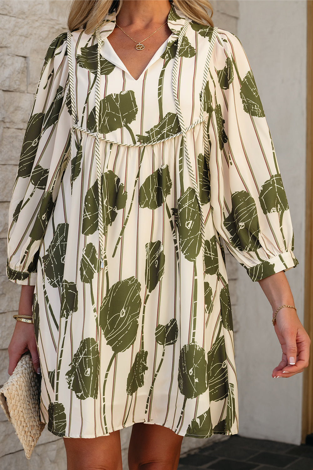 Floral Striped Print Contrast Piping Puff Sleeve Dress
