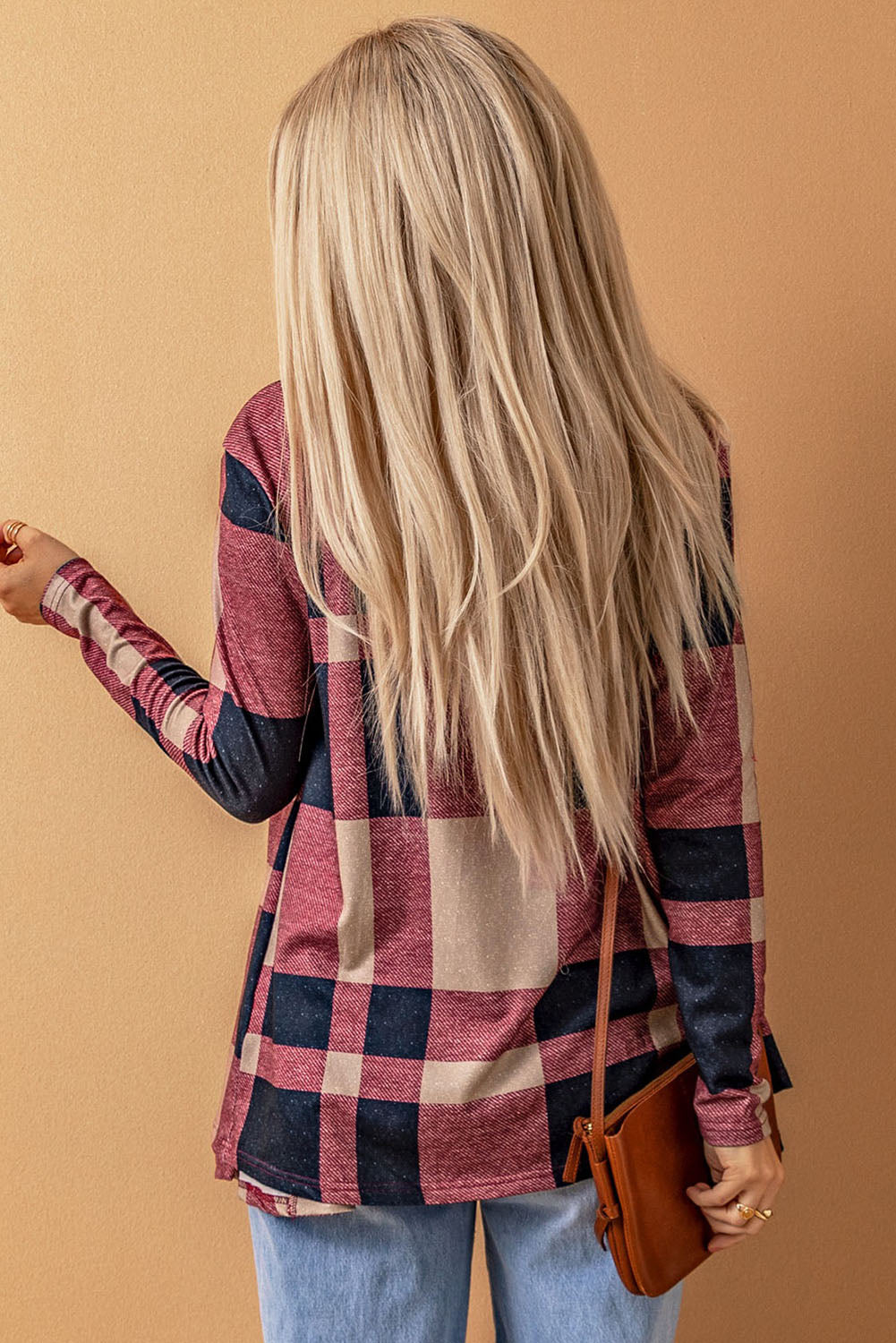 Women's Cardigan with Draped Open Front Plaid