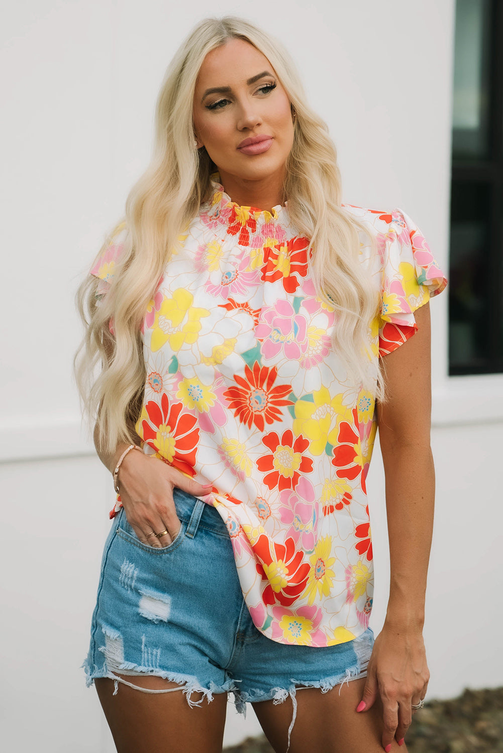 Women's Stand Collar Flutter Floral-Print Top