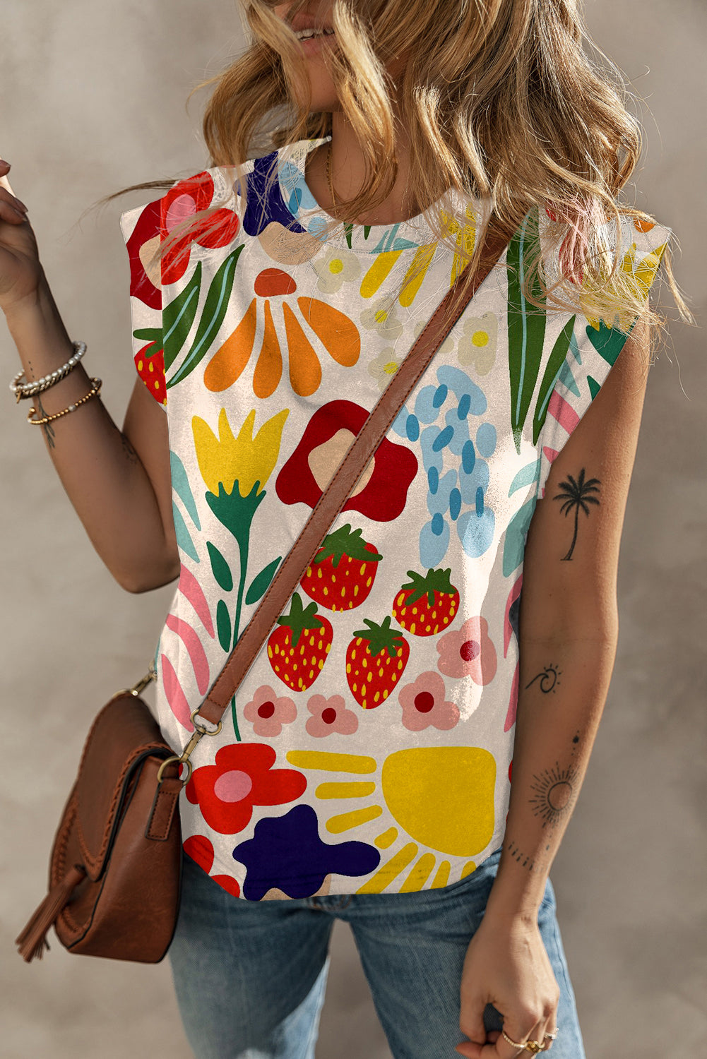 Women's T Shirt Featuring Floral-Print Cap Sleeve