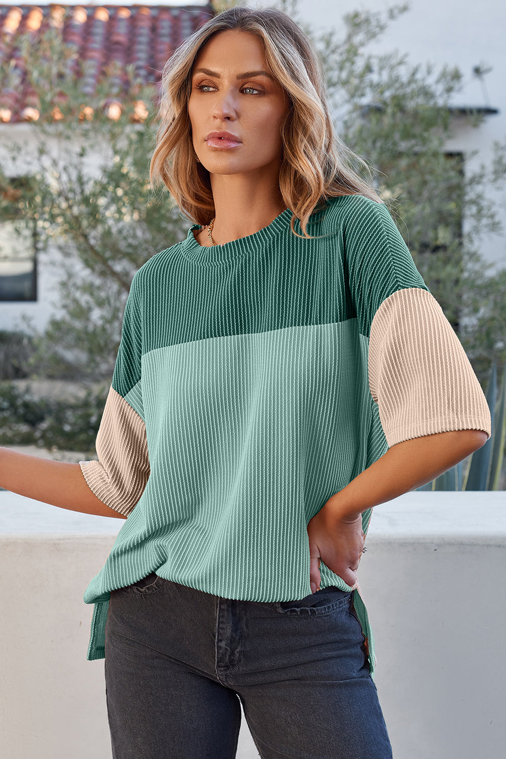 Color Block Ribbed Side Slits Half Sleeve Top
