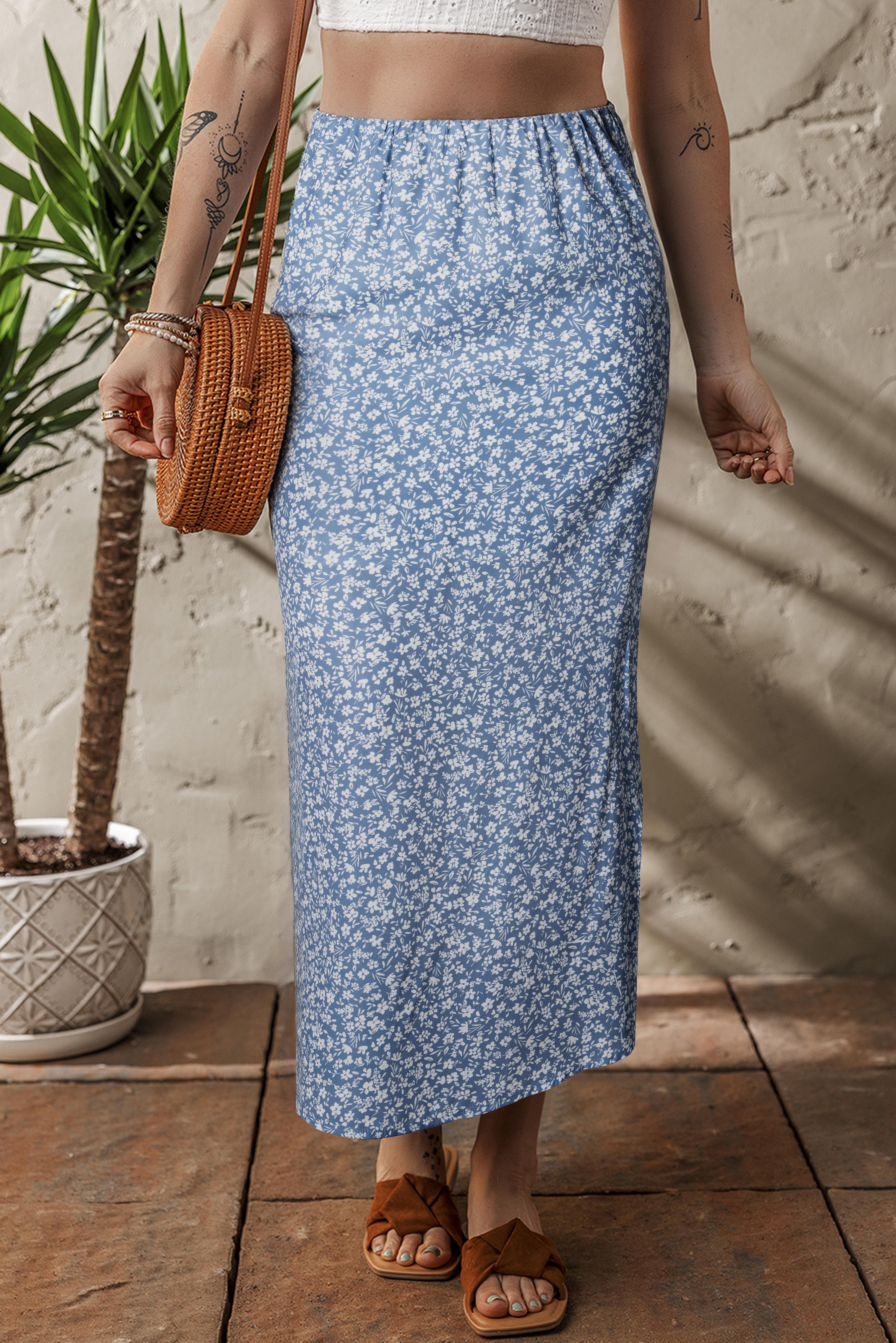 Boho Long Floral High-Waisted Skirt with Side Split in Sky Blue