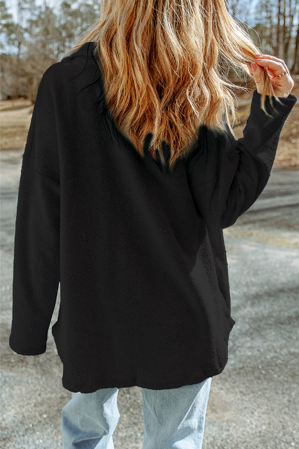 Women's Shacket Featuring Black Relaxed Contrast Flap Pockets
