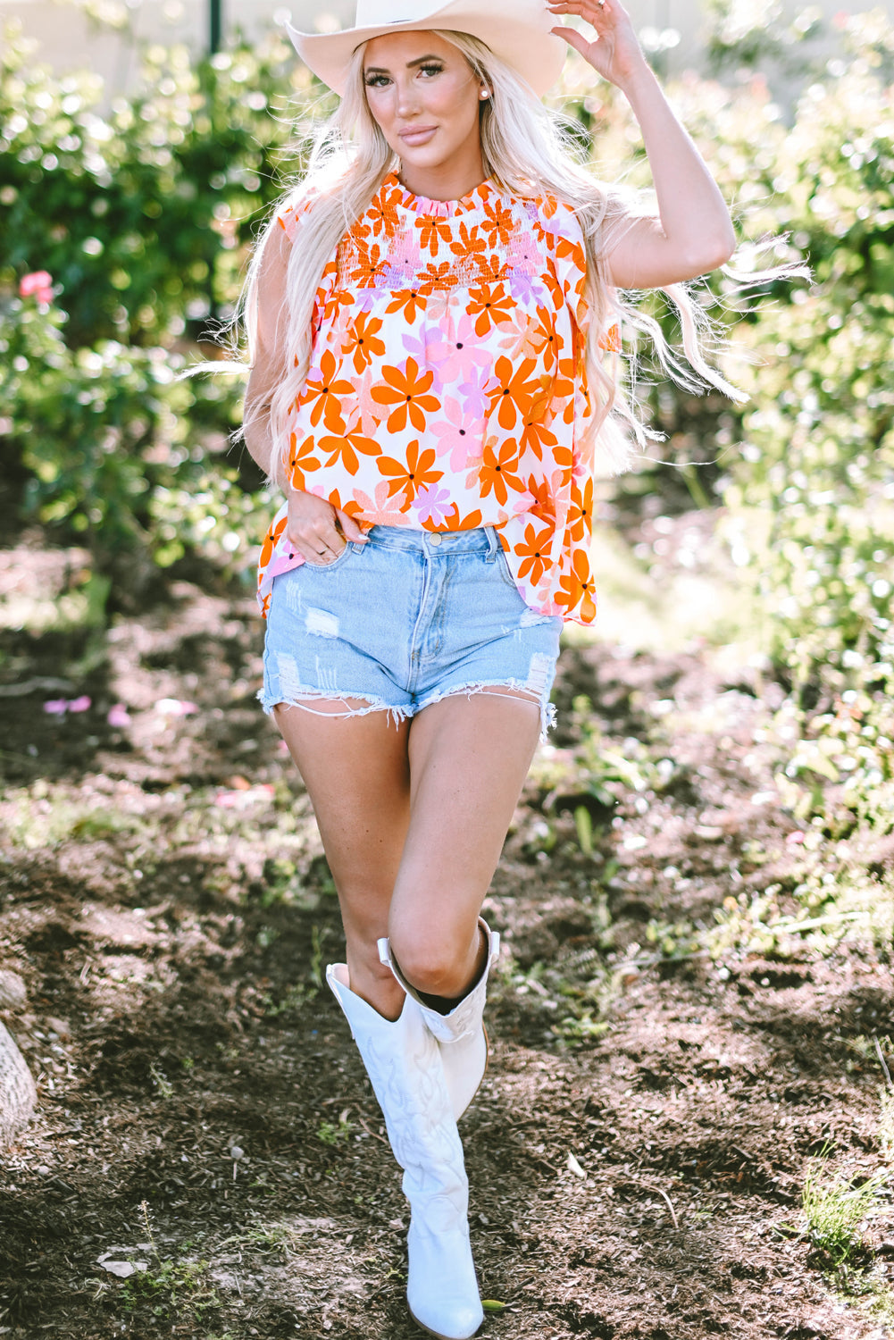 Women's Ruffle-Trimmed Sleeve Shirred Floral-Print Top