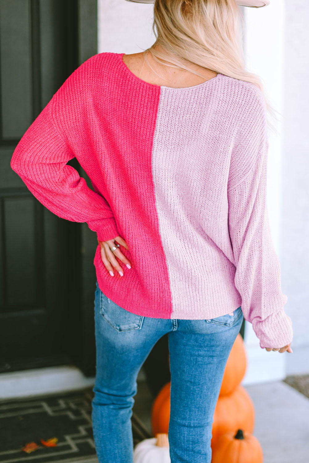 Women's Sweater with V Neck Color-Block Long-Sleeve