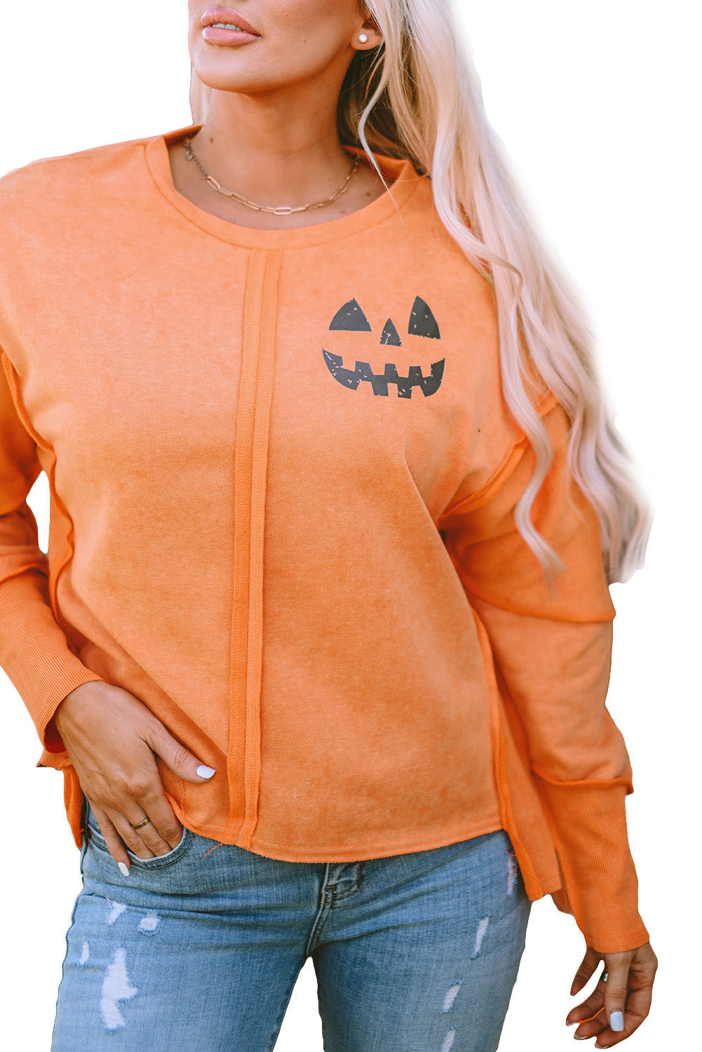 Women's Sweatshirt with Halloween Pumpkin Face Patchwork