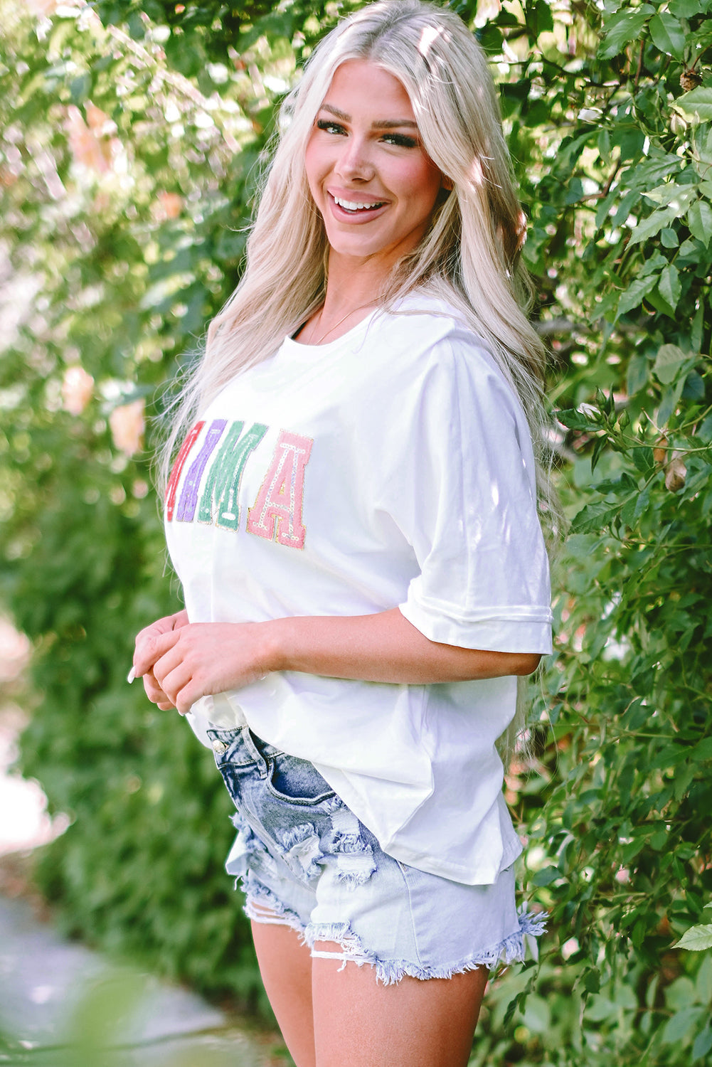 Women's Chenille Patched Crew Neck T Shirt