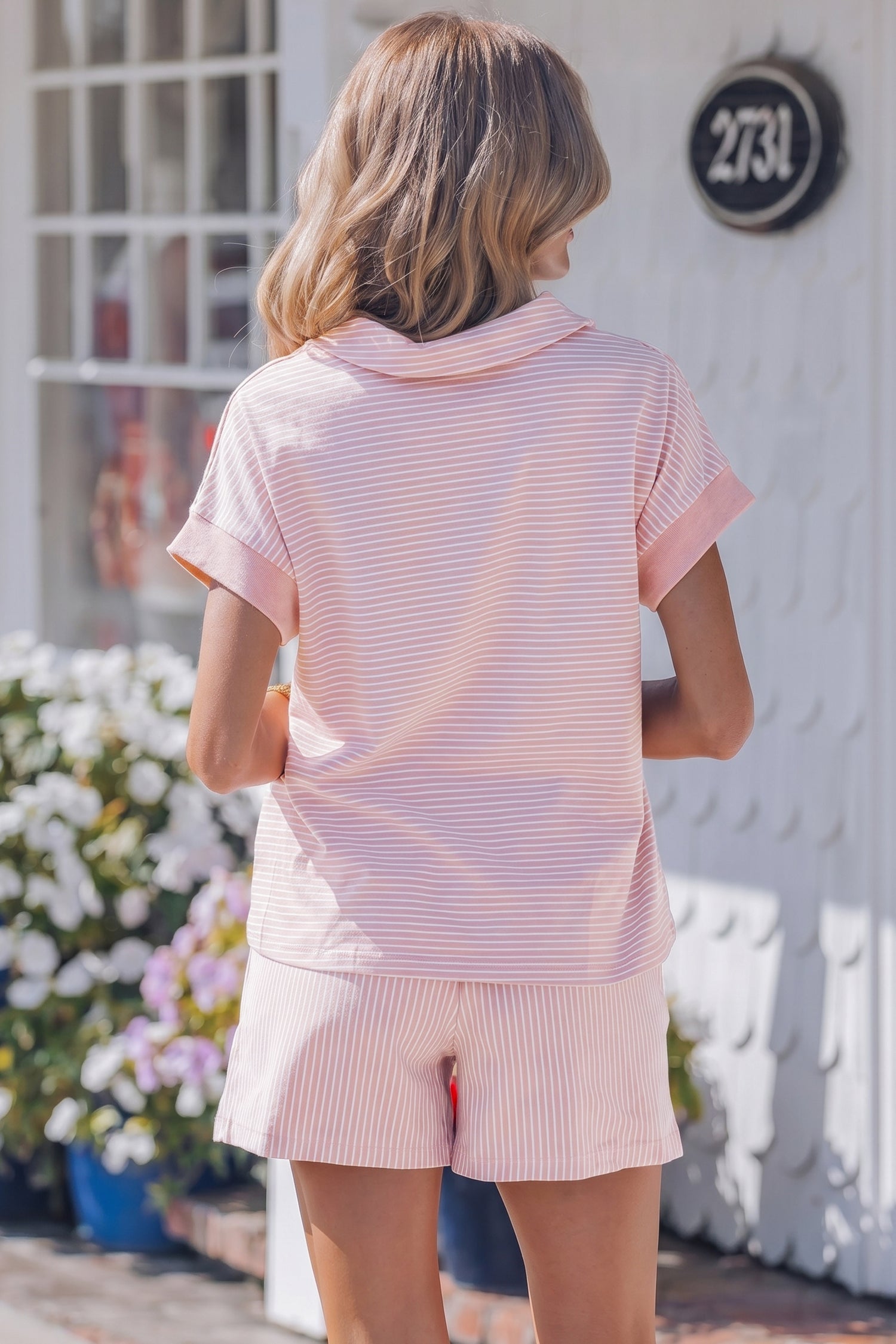 Stripe Polo Dolman Sleeve Shirt and Drawcord Shorts Set in Pink