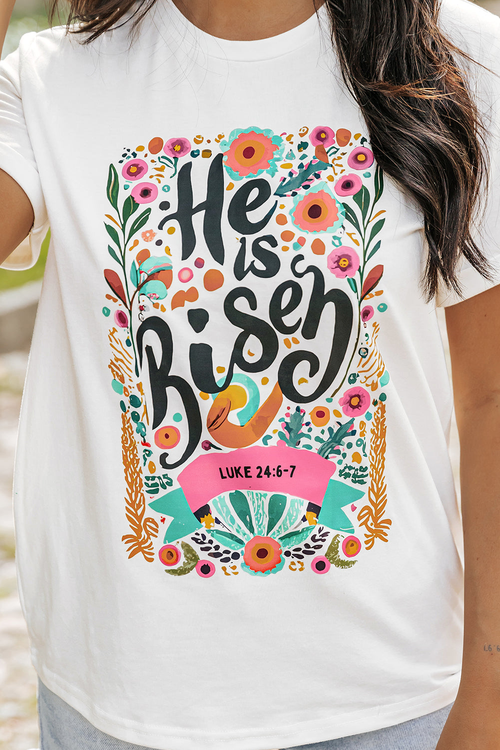 Women's T Shirt Featuring He Is Risen Floral-Print Print Round Neck