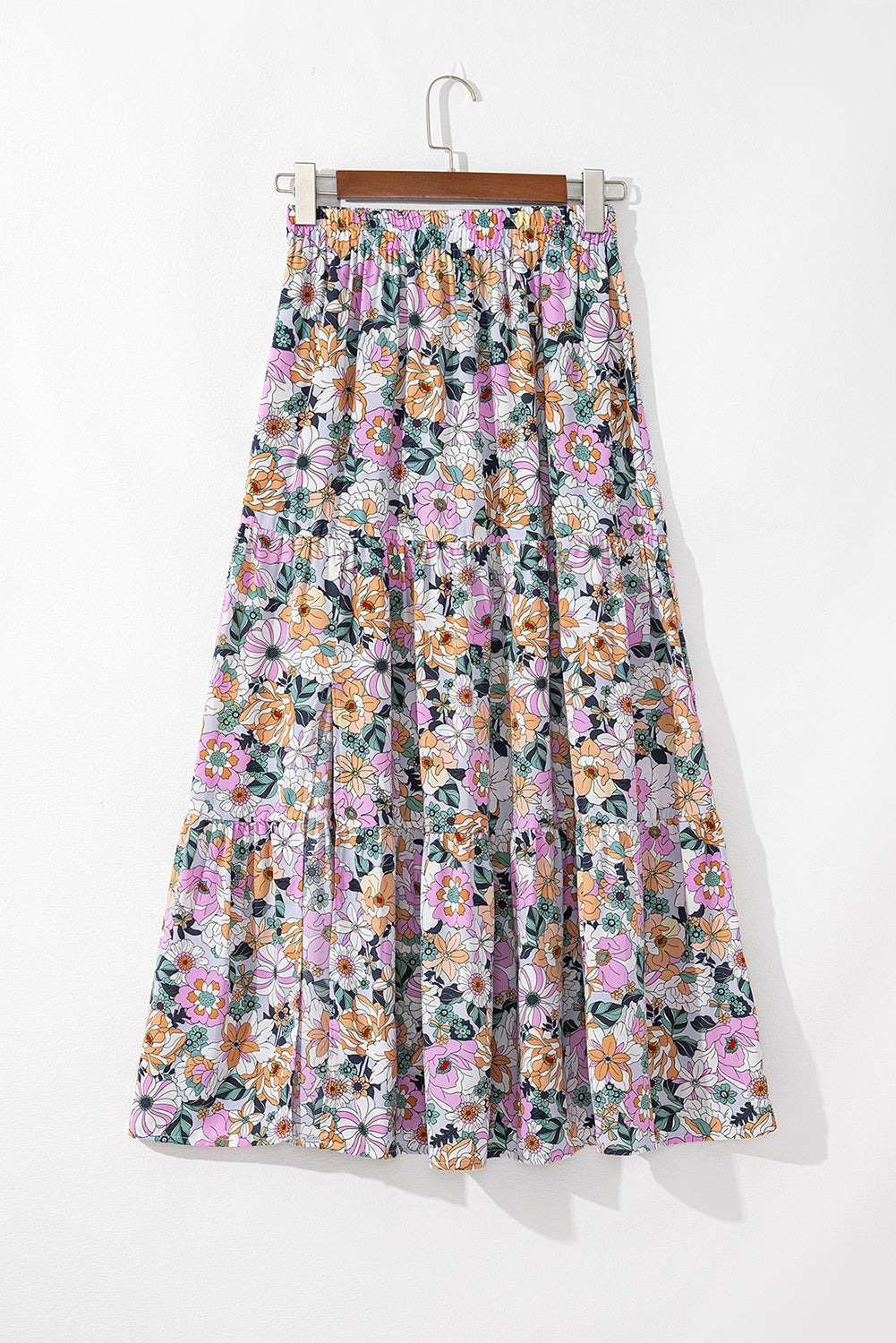 Bohemian Maxi Floral-Print Tiered Skirt with Split in Sky Blue