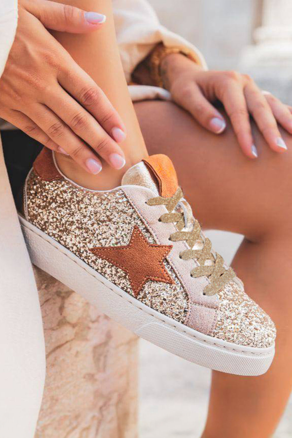 Star Patchwork Sequined Lace-up Sneakers