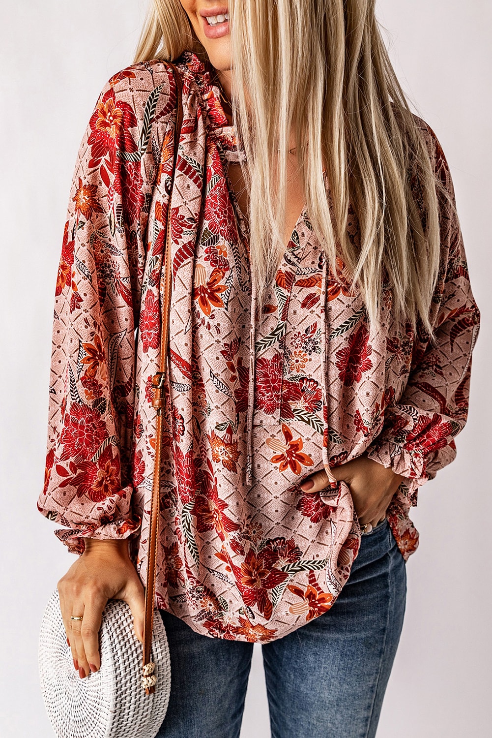 Women's Split V Neck Printed Blouse