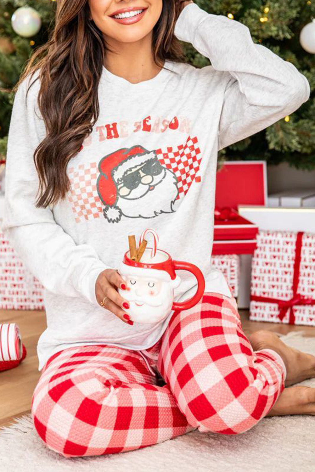 Claus Graphic Christmas Graphic Top Plaid Pants Lounge Set