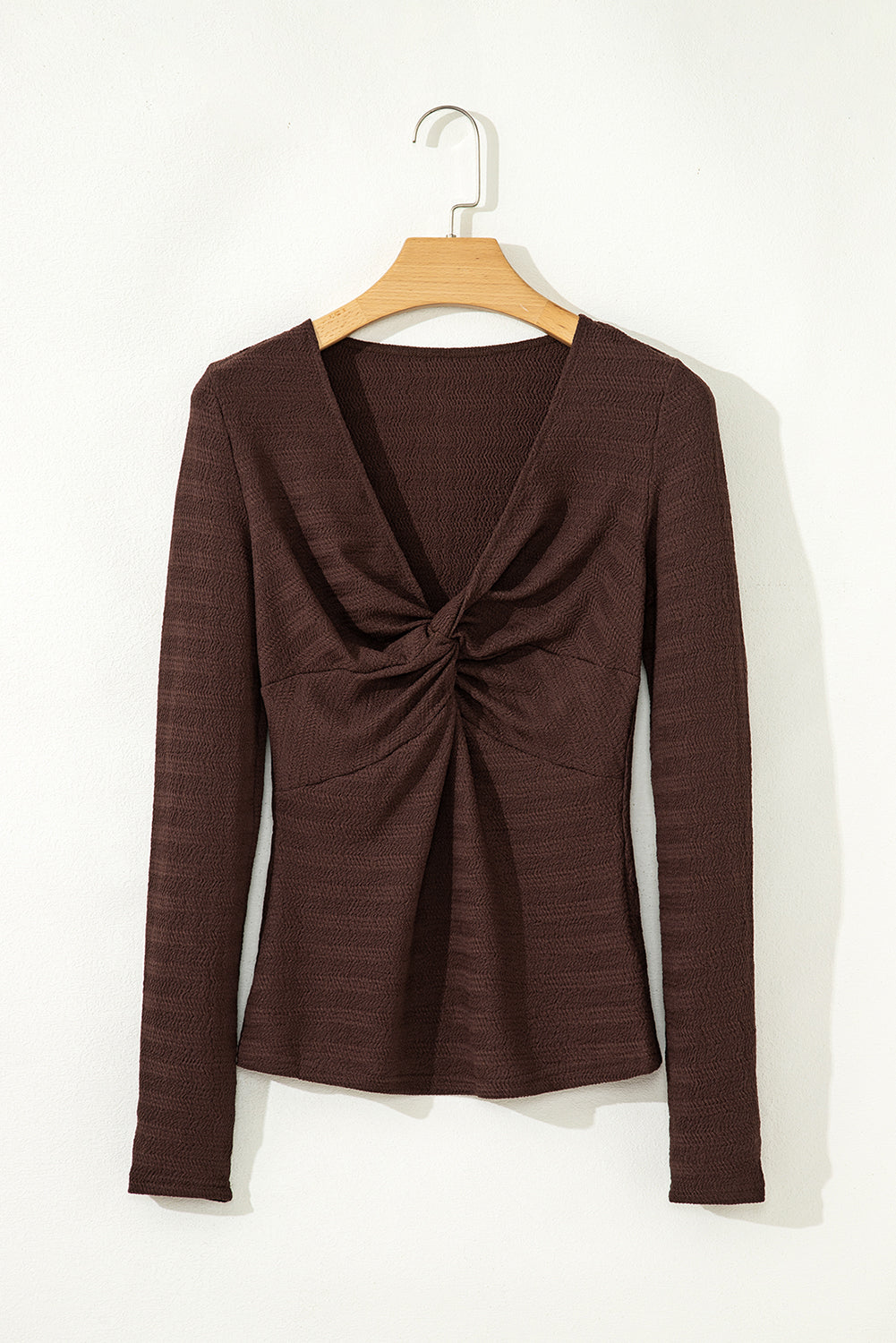 Coffee Front Textured Twist V-Neck Long-Sleeved Slim Solid Top
