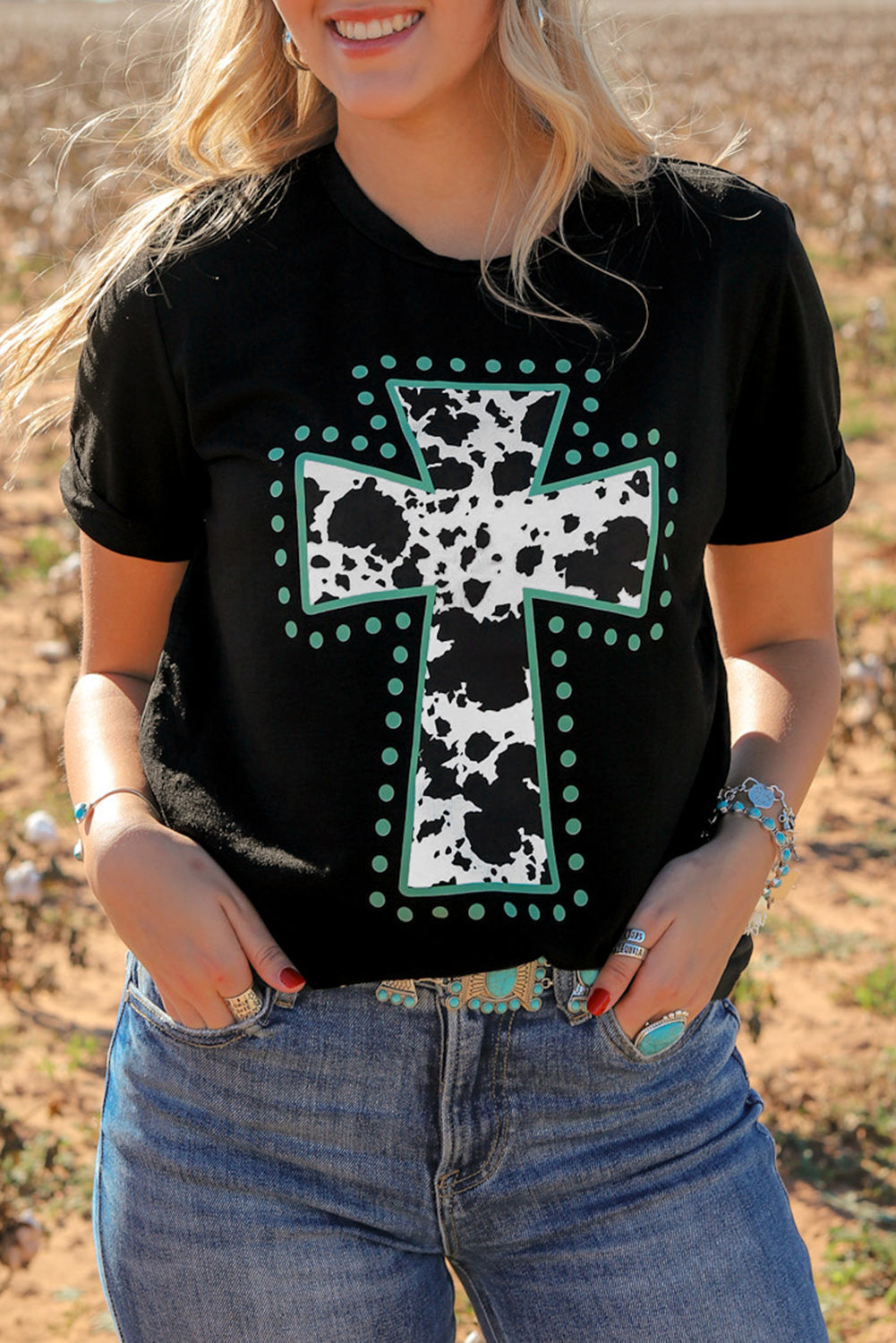 Women's Animal Print Cross Graphic-Print Tee