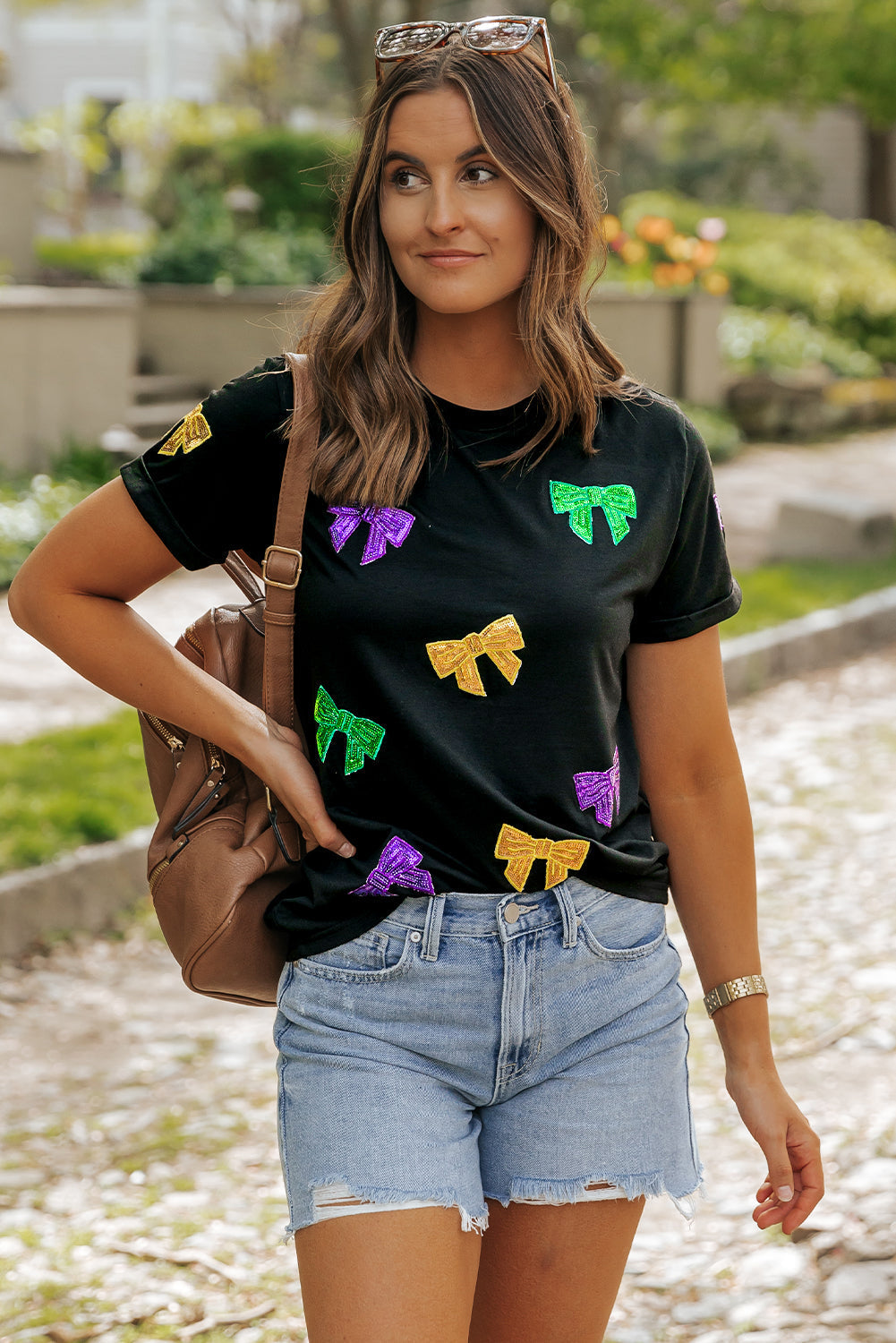 Women's T Shirt with Mardi Gras Sequin Bow Knot-Detail Crew Neck