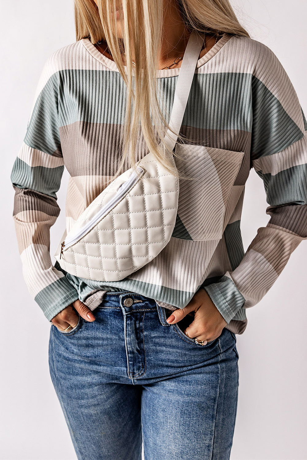 Women's Top with Color-Block Rib-Knitted Long-Sleeve
