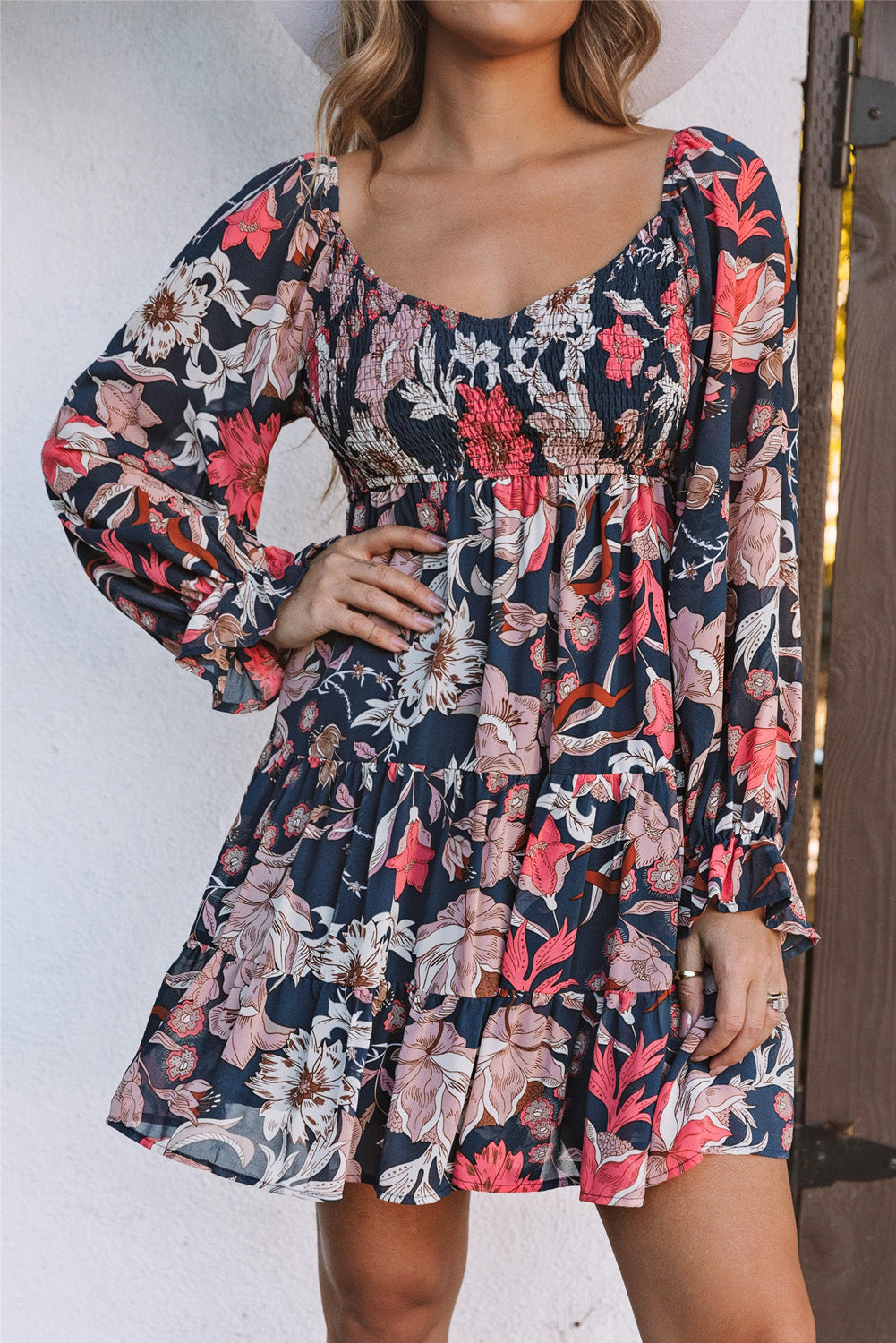 Women's Mini Dress with Floral-Print Layered Long Balloon Sleeve