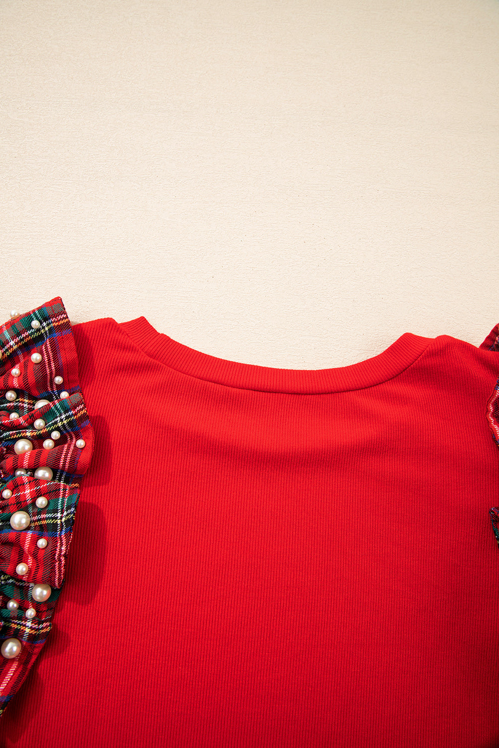 Ruffle Plaid Pearl Short-Sleeved Loose T Shirt in Red