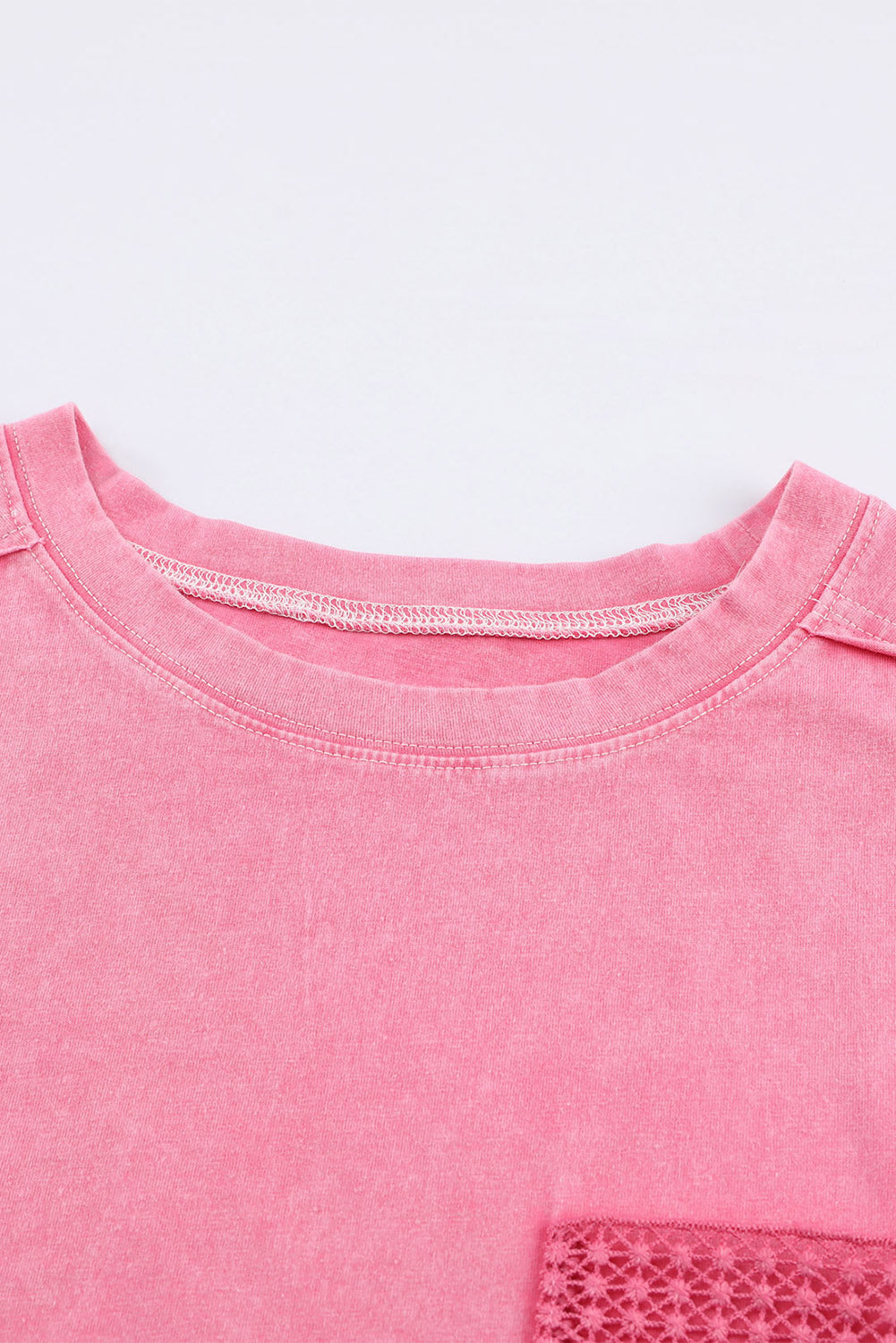 Women's T-shirt Featuring Lace-Trimmed Patch Pocket Acid Wash