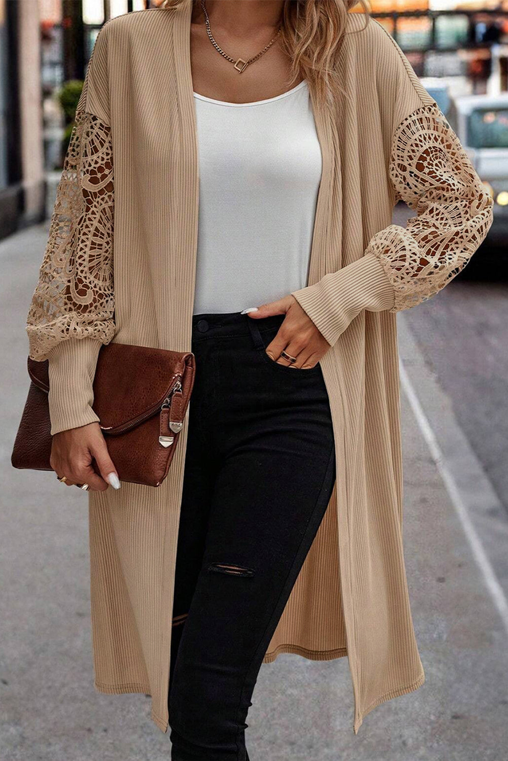 Rib-Knit Lace Patchwork Knit Open-Front Duster Cardigan in Parchment
