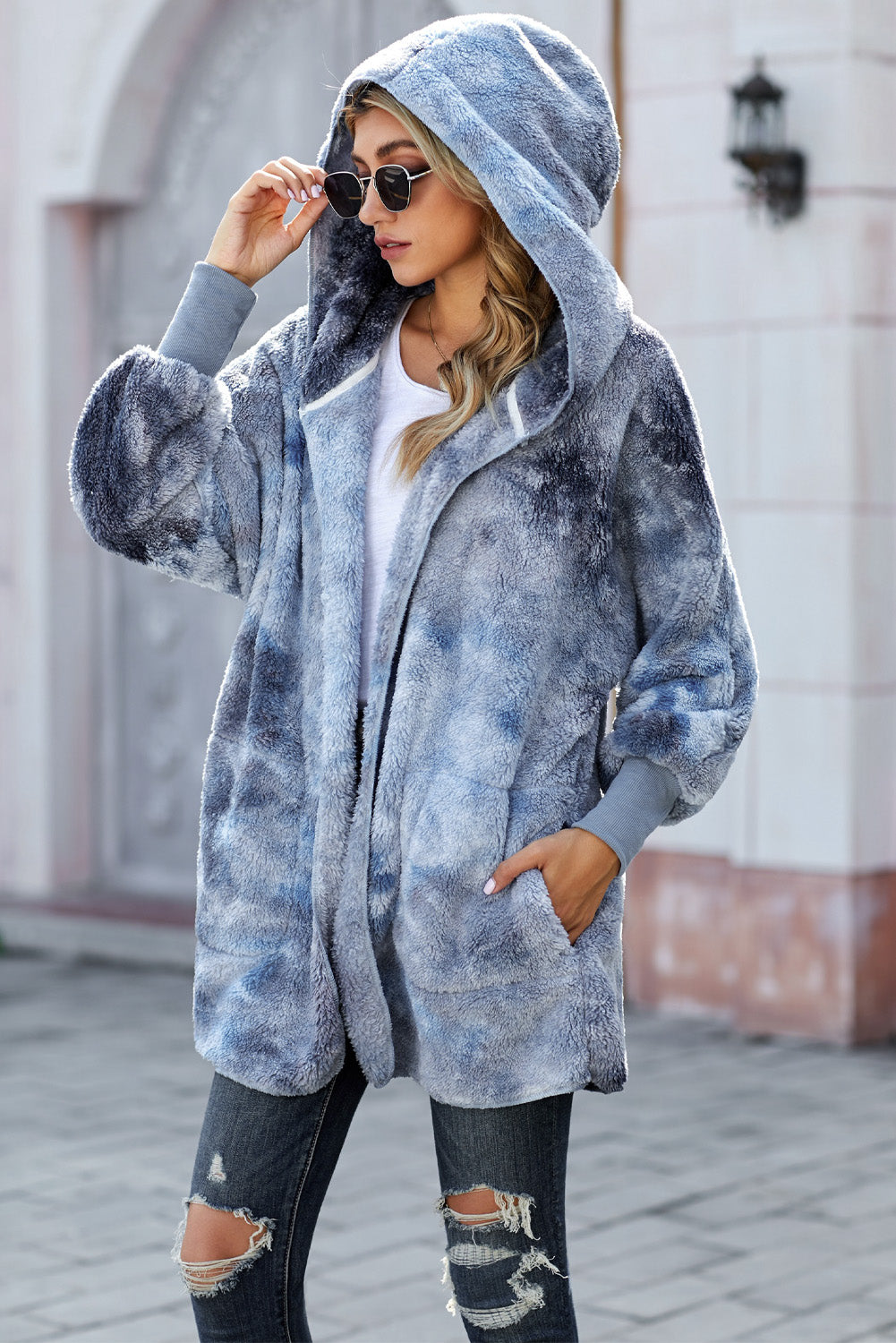 Women's Coat Featuring Tie Dye Soft Fleece Hooded Open Front Women's Blue
