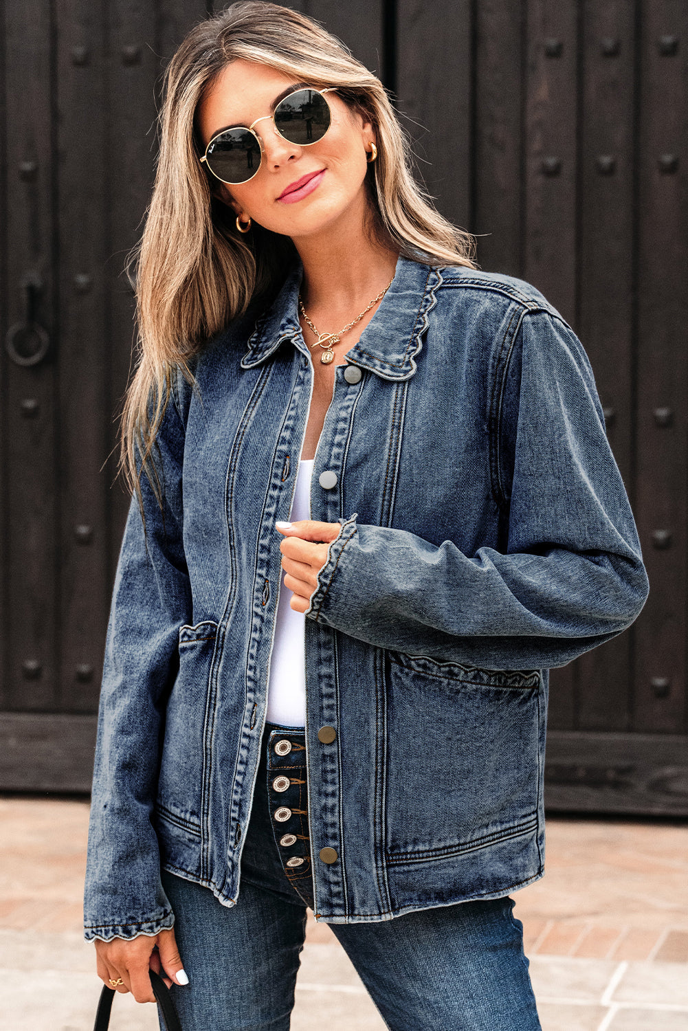 Collar Scallop Trim Patched Pocket Button-Front Denim Jacket