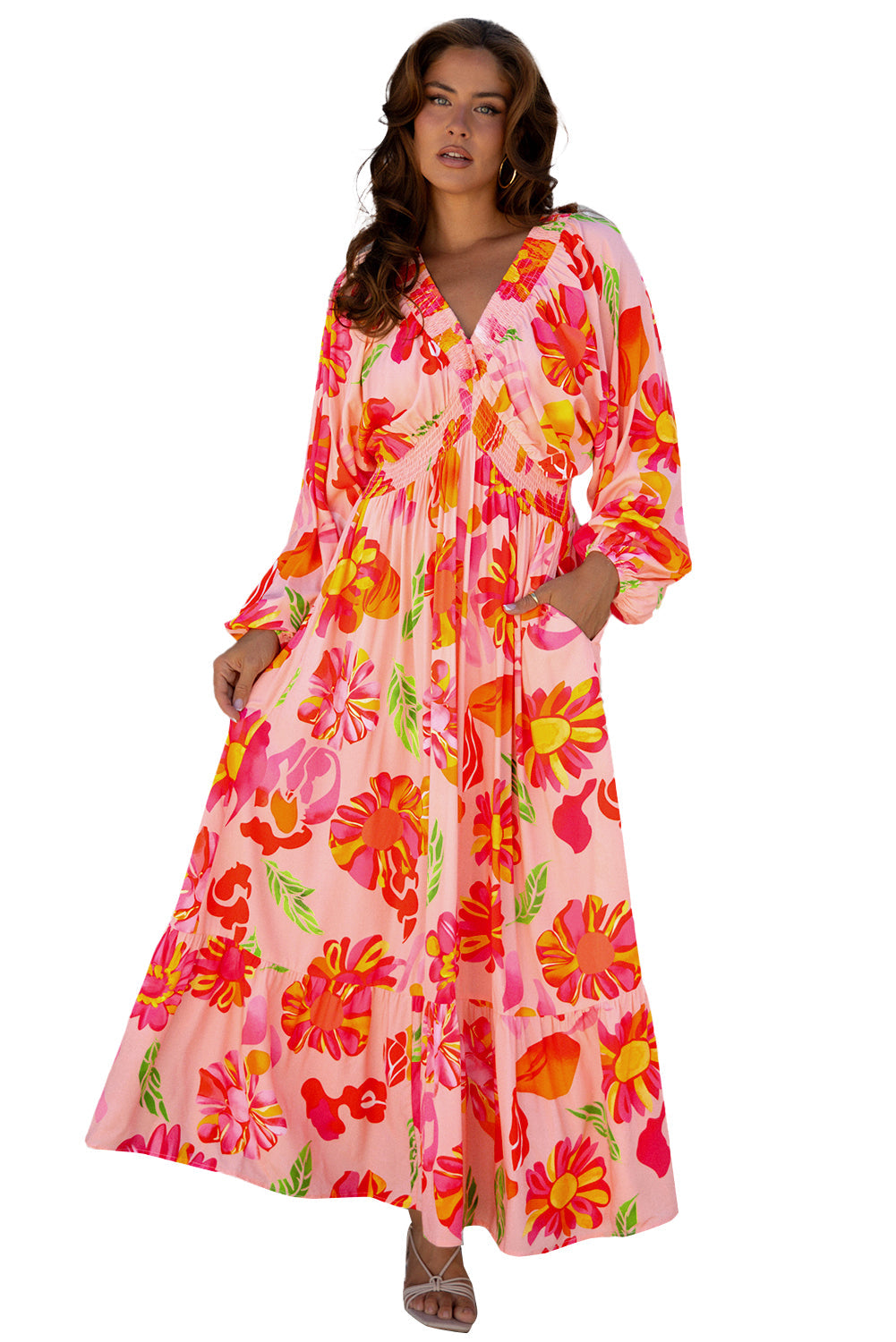 Floral-Print Smocked Detail V-Neck Puff Sleeve Flowy Maxi Dress