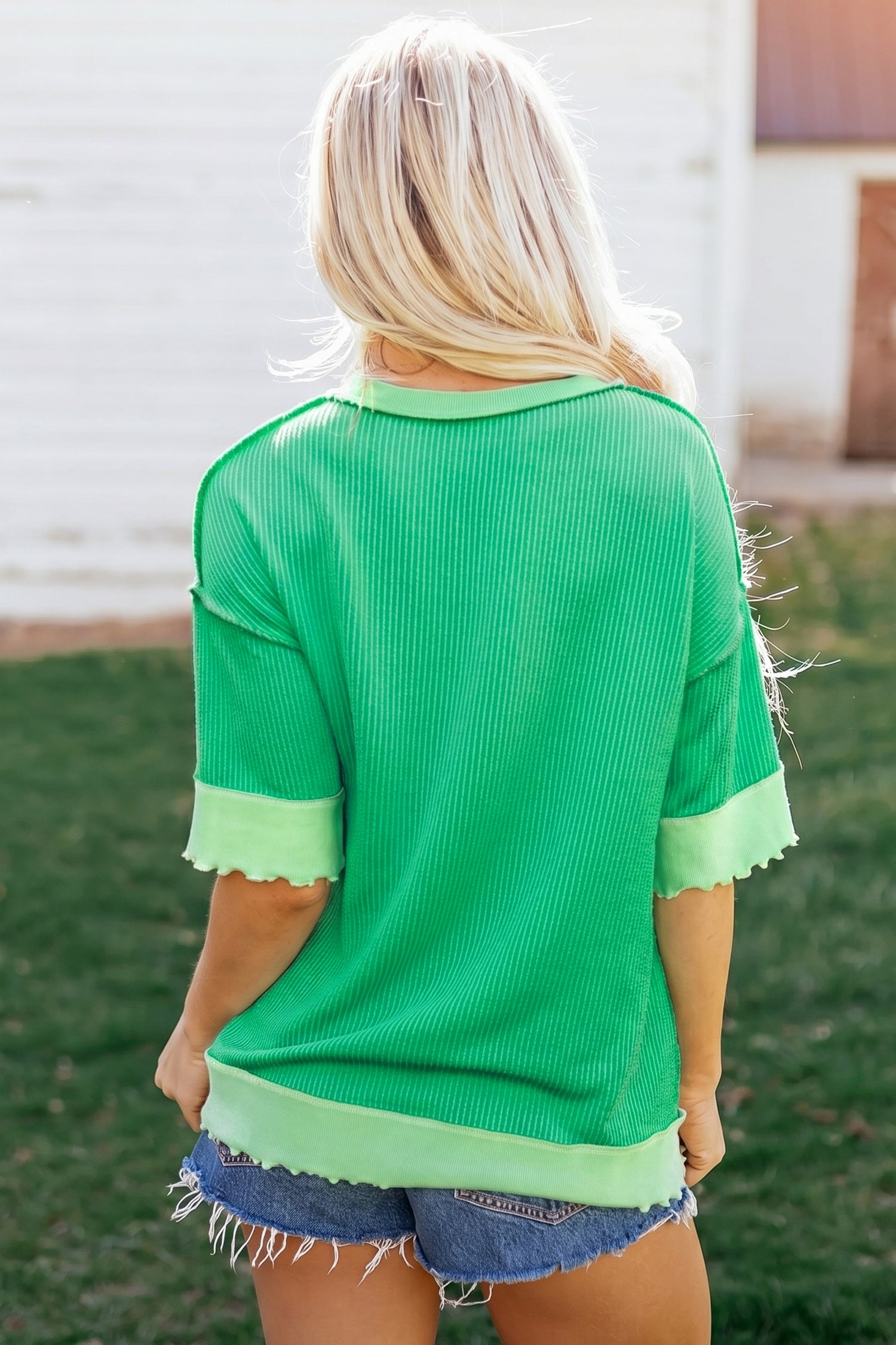 Everyday Loose Mint Green Uneven Hem Twist Rib-Knit T Shirt
