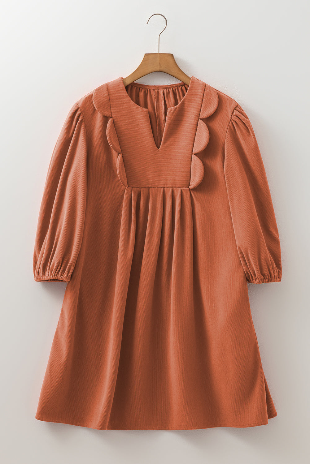 Split Bracelet Sleeve Neck Scallop Detail Pleated Corduroy Mini Dress