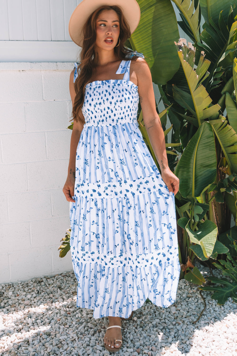 Smocked Tied Floral Tied Straps A-Lined Tiered Maxi Dress