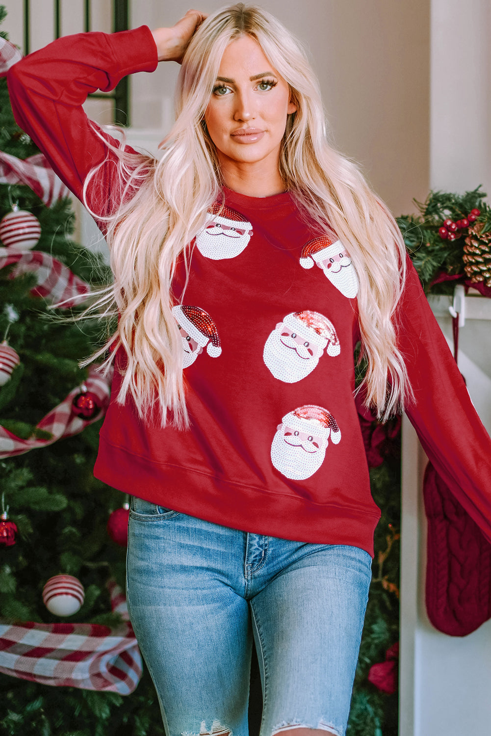 Women's Graphic Sweatshirt Featuring Santa Claus Fiery Red