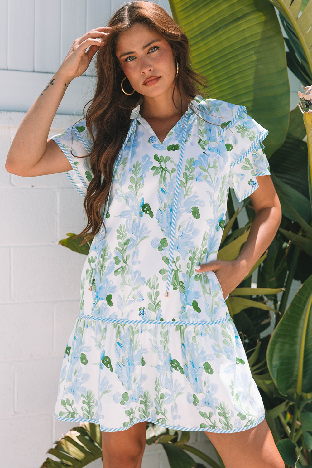 Blue Cute Sky Floral Layered Short-Sleeved Mini Dress