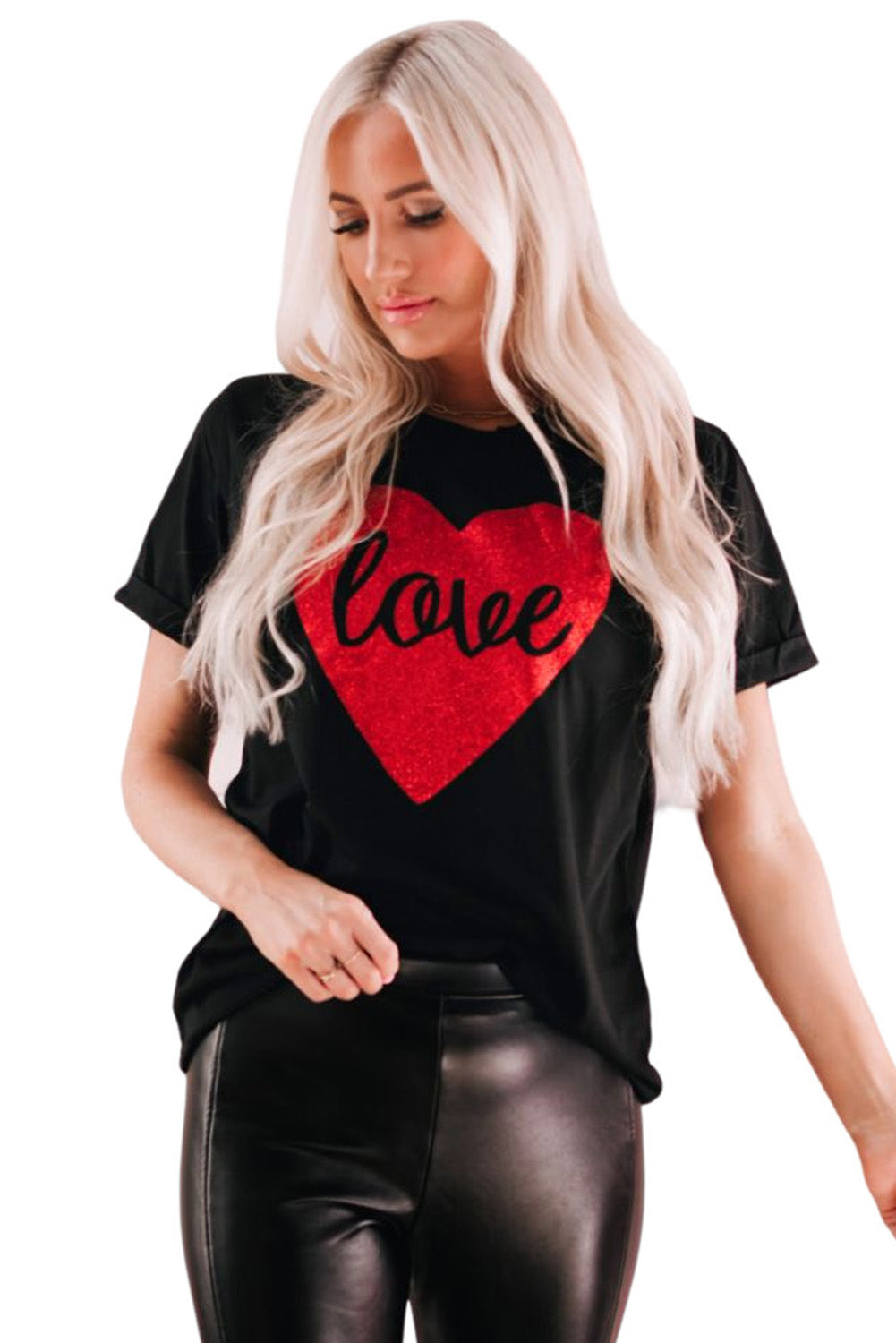 T Shirt for Women Print Love Heart Shaped Glitter
