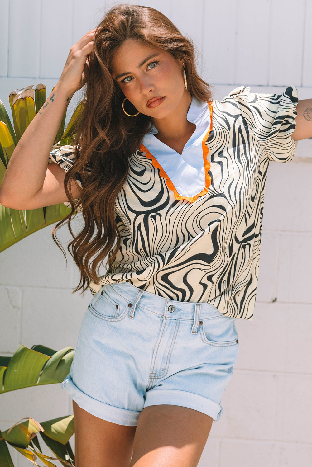 Print Zebra Stripe Contrast V-Neck Ricrac Detail Short-Sleeved Blouse Top