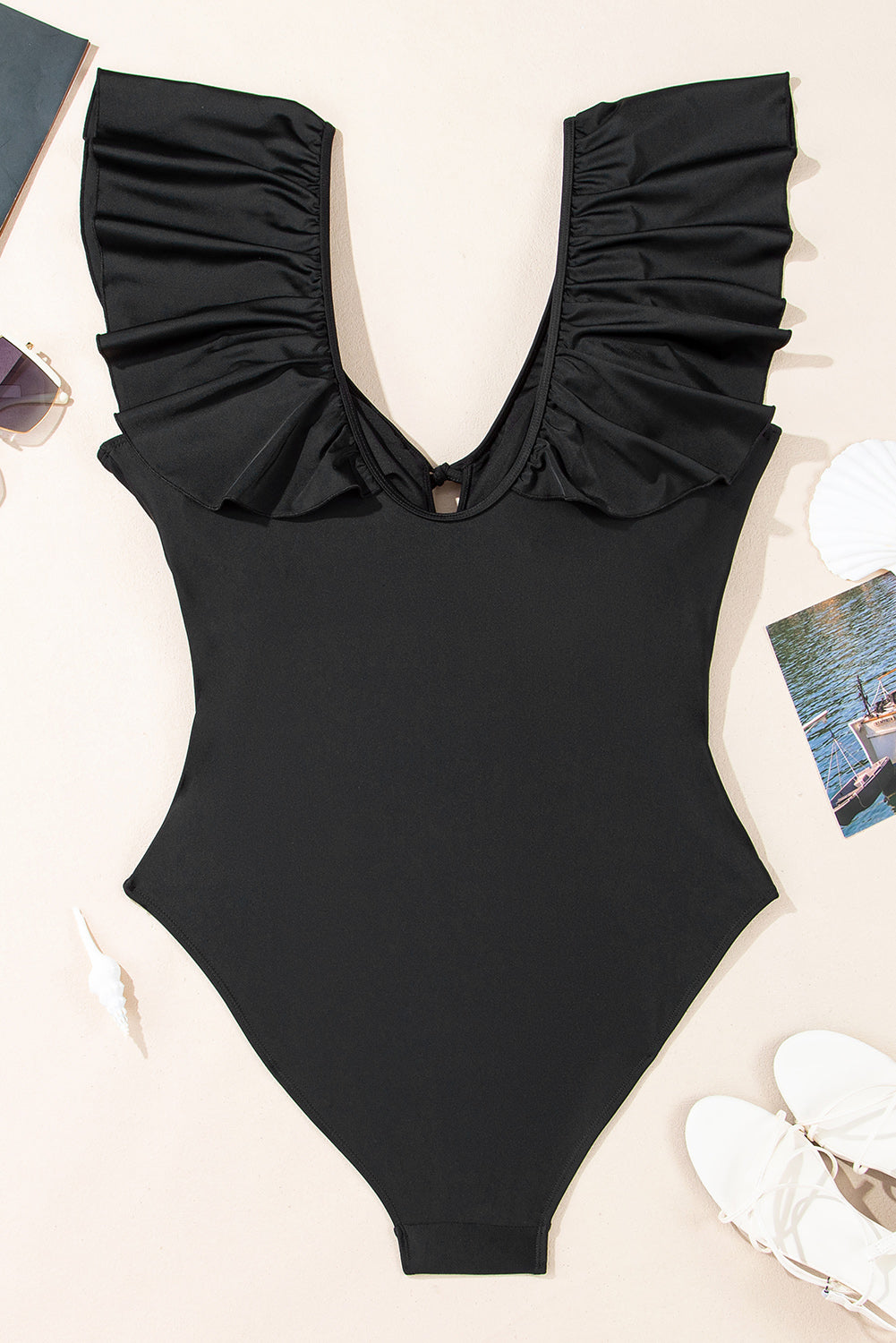 Ruffled Sleeve Lace-up V Neck Plus Size One Piece Swimsuit