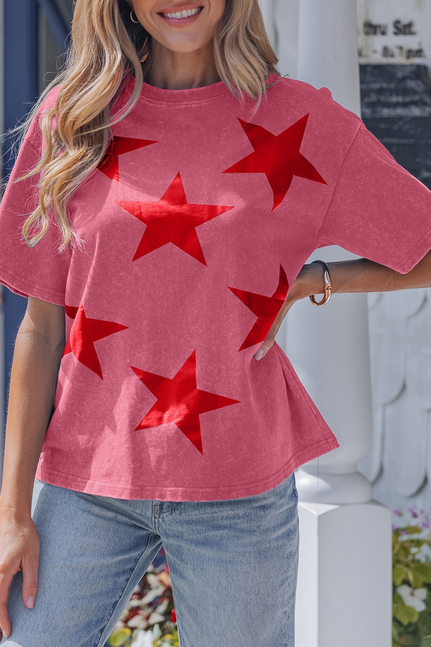 Independence Day Star Printed Mineral Wash T Shirt in Red