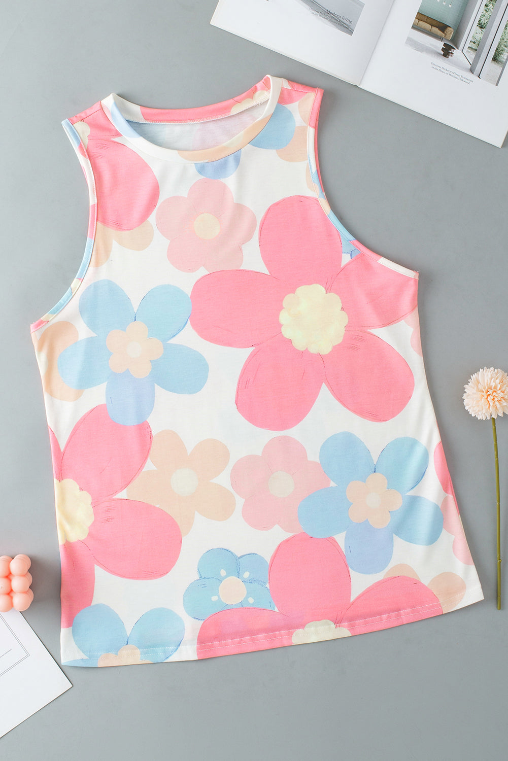 Women's Top with Round Neck Sleeveless Floral-Print