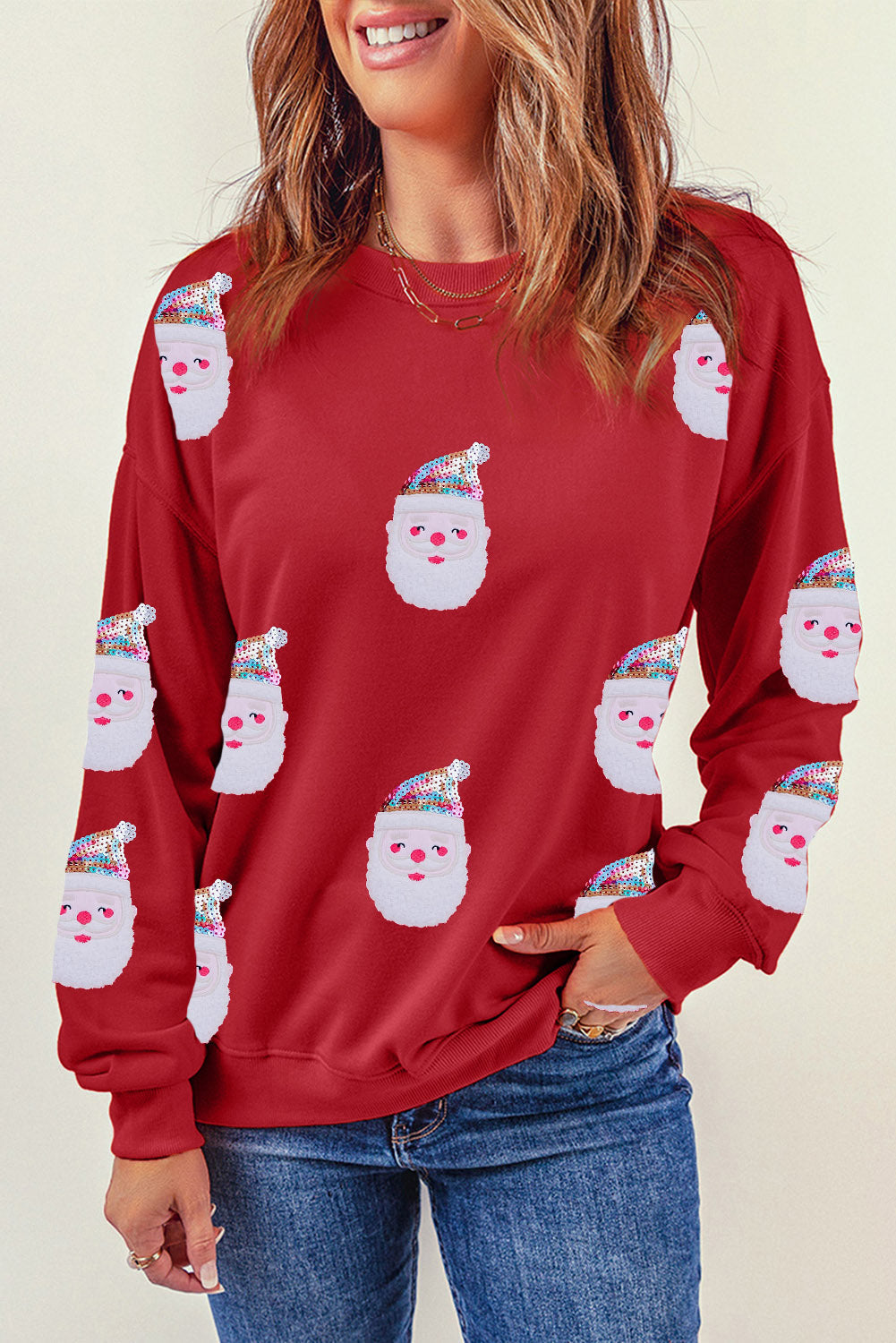 Graphic Sweatshirt for Women Fiery Red Sequined Clause
