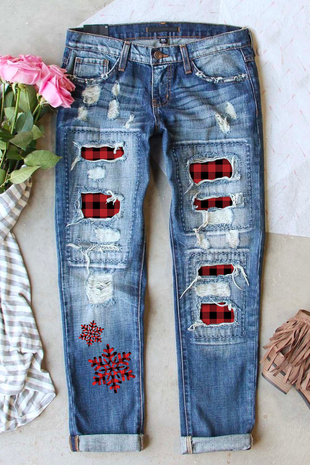 Women's Jeans with Plaid Snowflake Distressed Patchwork